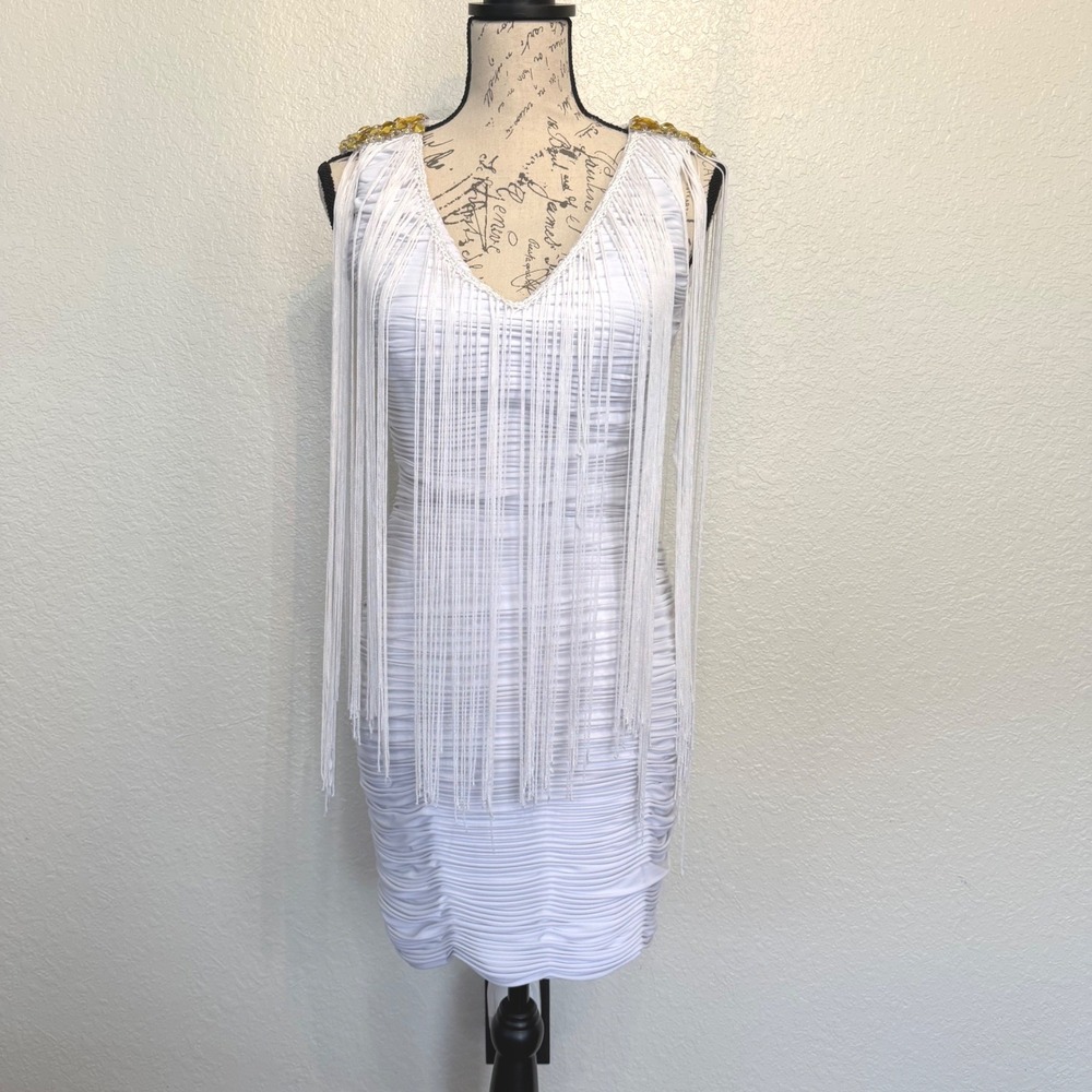 White Fringe Ruched Mini Dress Gold Rhinestone Shoulders Open Back Bodycon S